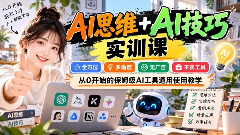 【无水印】AI思维+AI技巧实训课，全方位、多角度、无广告、不卖工具，从0开始的保姆级AI工具通用使用教学-鱼见海资源网-免费PHP网站源码模板,插件软件网创AI智能体资源分享平台！