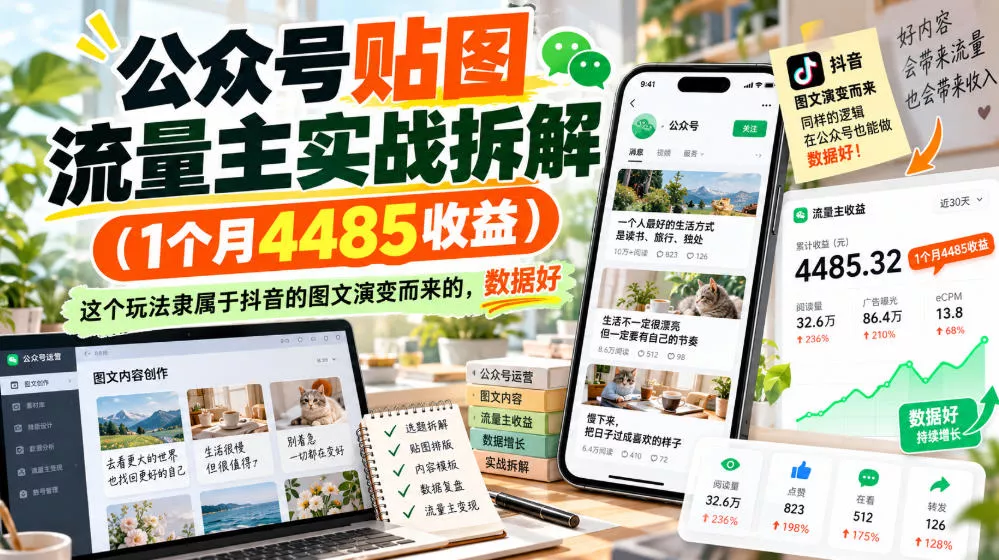 公众号贴图流量主实战拆解(1个月4485收益)，这个玩法隶属于抖音的图文演变而来的，数据好客创社区-专注互联网轻资产资源整合与分享客创社区-专注互联网轻资产资源整合与分享