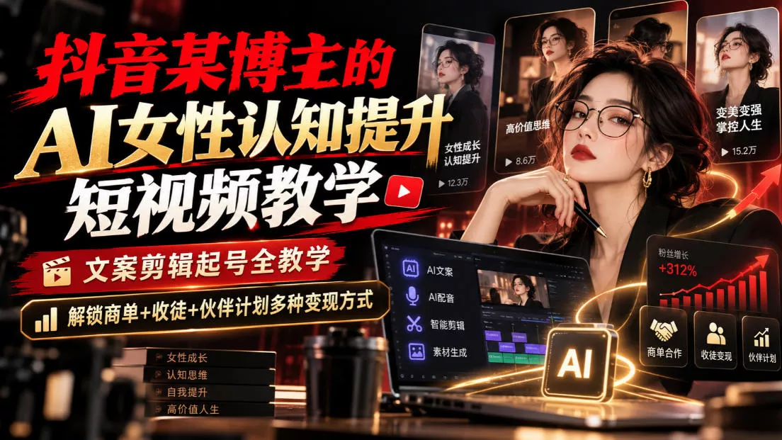 抖音某博主的Ai女性认知提升短视频教学，文案剪辑起号全教学，解锁商单+收徒+伙伴计划多种变现方式-九九网创