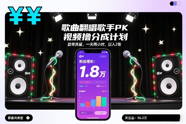 歌曲翻唱歌手PK视频撸分成计划，自带流量，一天两小时，日入2张 | 鱼见海科技-鱼见海资源网-免费PHP网站源码模板,插件软件网创AI智能体资源分享平台！