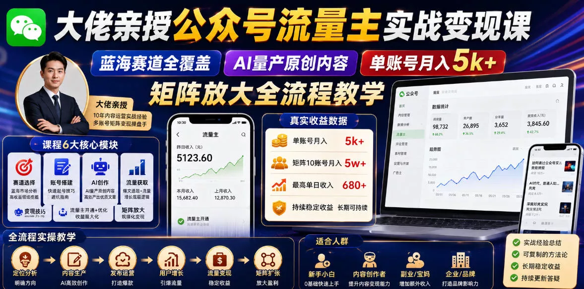 大佬亲授公众号流量主实战变现课，蓝海赛道全覆盖，AI量产原创内容，单账号月入5k+矩阵放大全流程教学客创社区-专注互联网轻资产资源整合与分享客创社区-专注互联网轻资产资源整合与分享
