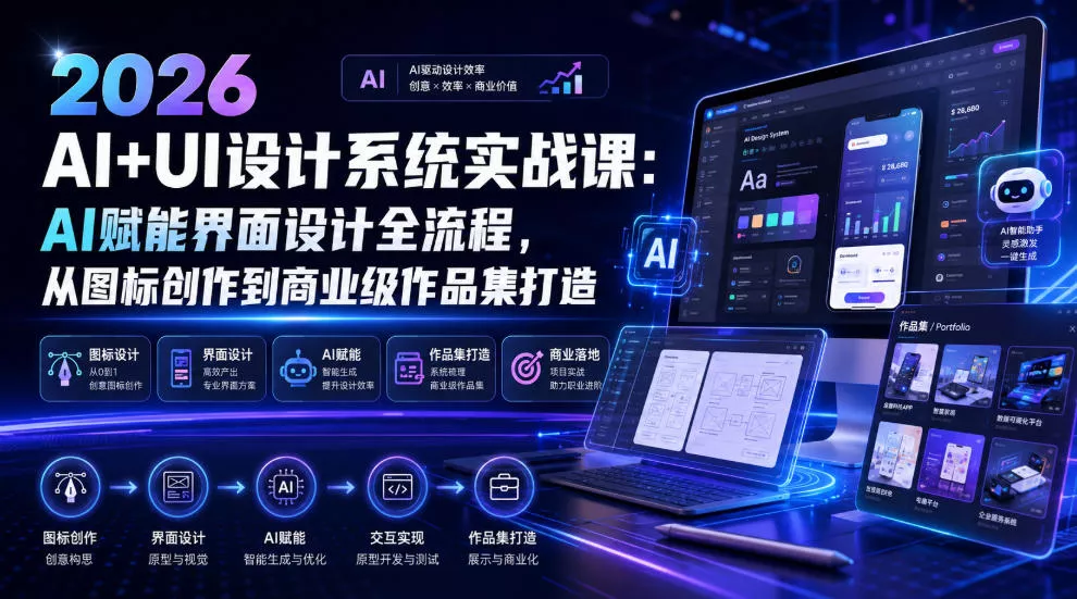 2026 AI+UI设计系统实战课：AI赋能界面设计全流程，从图标创作到商业级作品集打造客创社区-专注互联网轻资产资源整合与分享客创社区-专注互联网轻资产资源整合与分享