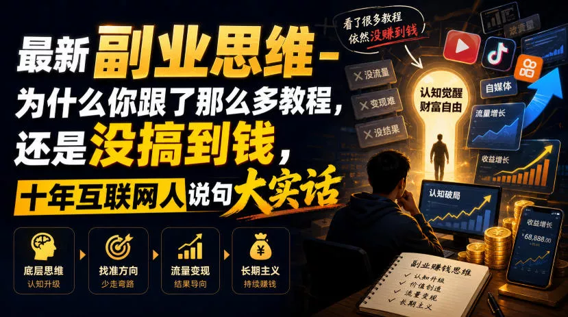 最新副业思维-为什么你跟了那么多教程,还是没搞到钱,十年互联网人说句大实话【揭秘】主用 -、辅助 +中赚AI网