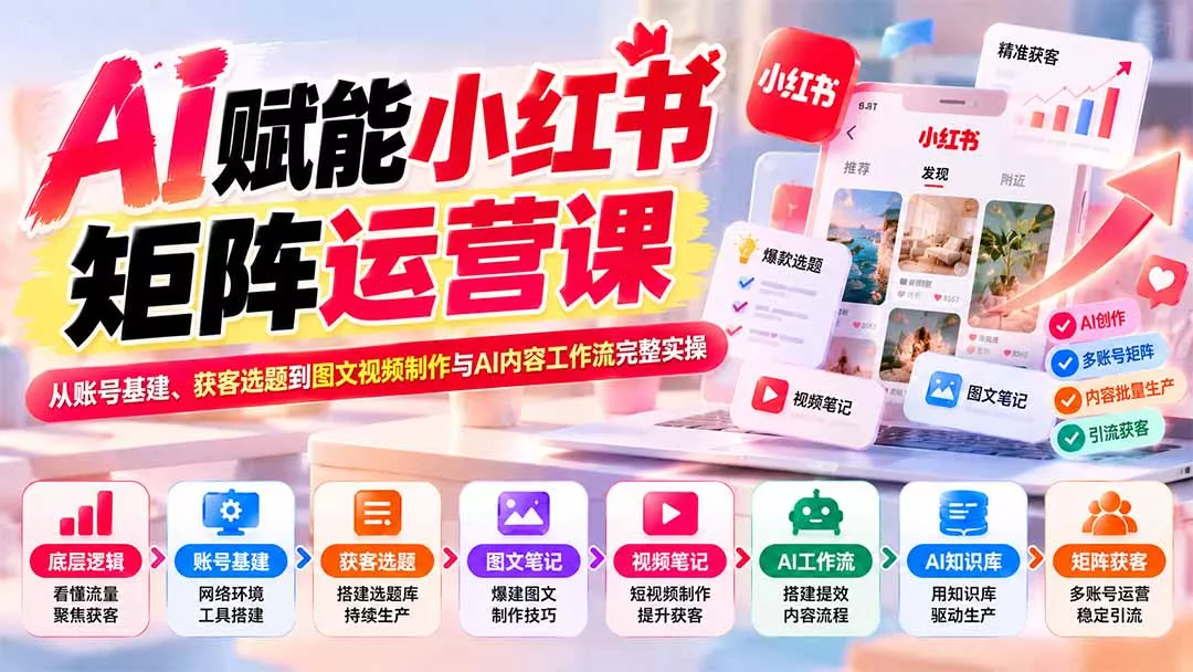AI赋能小红书矩阵运营课：从账号基建、获客选题到图文视频制作与AI内容工作流完整实操 《鱼见海科技》-鱼见海资源网-免费PHP网站源码模板,插件软件网创AI智能体资源分享平台！