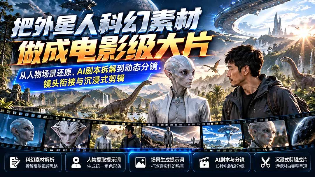 把外星人科幻素材做成电影级大片：从人物场景还原、AI剧本拆解到动态分镜、镜头衔接与沉浸式剪辑-鱼见海资源网-免费PHP网站源码模板,插件软件网创AI智能体资源分享平台！