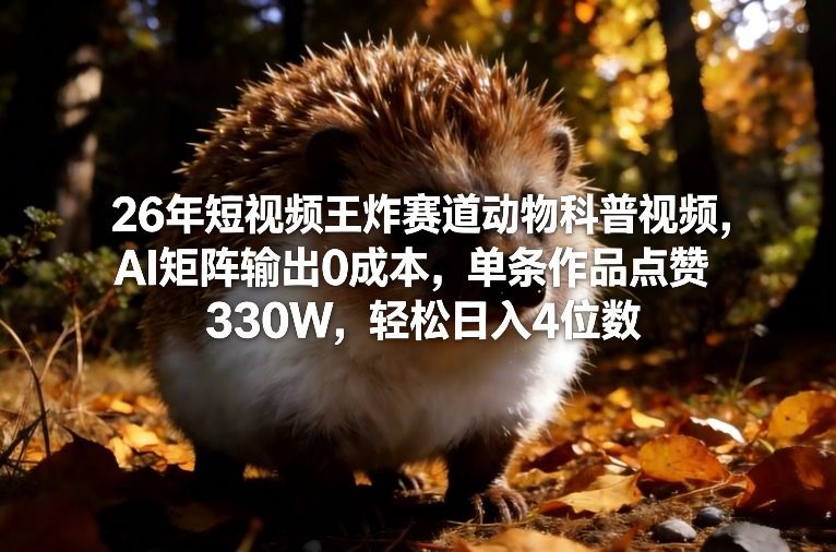 26年短视频王炸赛道动物科普视频，AI矩阵输出0成本，单条作品点赞330W，轻松日入4位数主用 -、辅助 +中赚资源