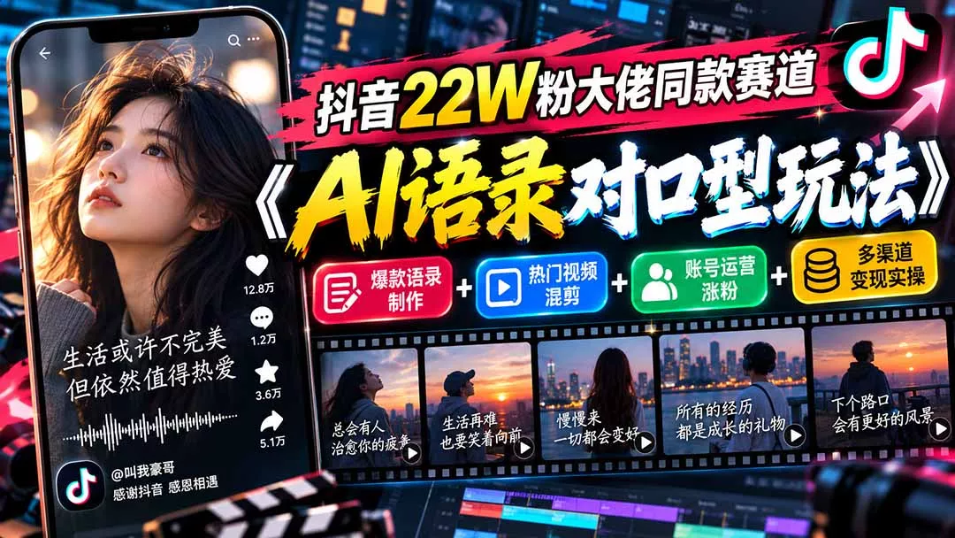抖音22W粉大佬同款赛道《AI语录对口型玩法》：爆款语录制作+热门视频混剪+账号运营涨粉+多渠道变现实操-鱼见海资源网-免费PHP网站源码模板,插件软件网创AI智能体资源分享平台！