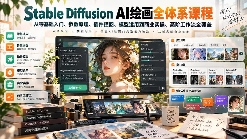 【无水印】Stable Diffusion AI绘画全体系课程，从零基础入门、参数原理、插件控图、模型运用到商业实操、高阶工作流全覆盖 《鱼见海科技》-鱼见海资源网-免费PHP网站源码模板,插件软件网创AI智能体资源分享平台！