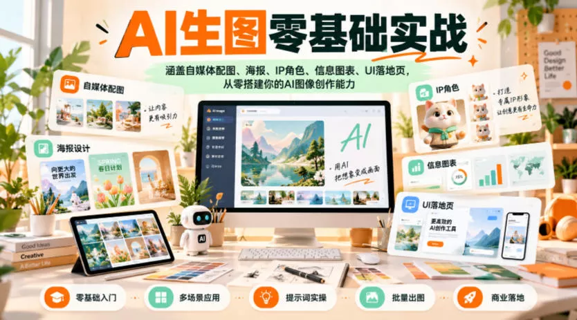 AI生图零基础实战，涵盖自媒体配图、海报、IP角色、信息图表、UI落地页，从零搭建你的AI图像创作能力 《鱼见海科技》-鱼见海资源网-免费PHP网站源码模板,插件软件网创AI智能体资源分享平台！