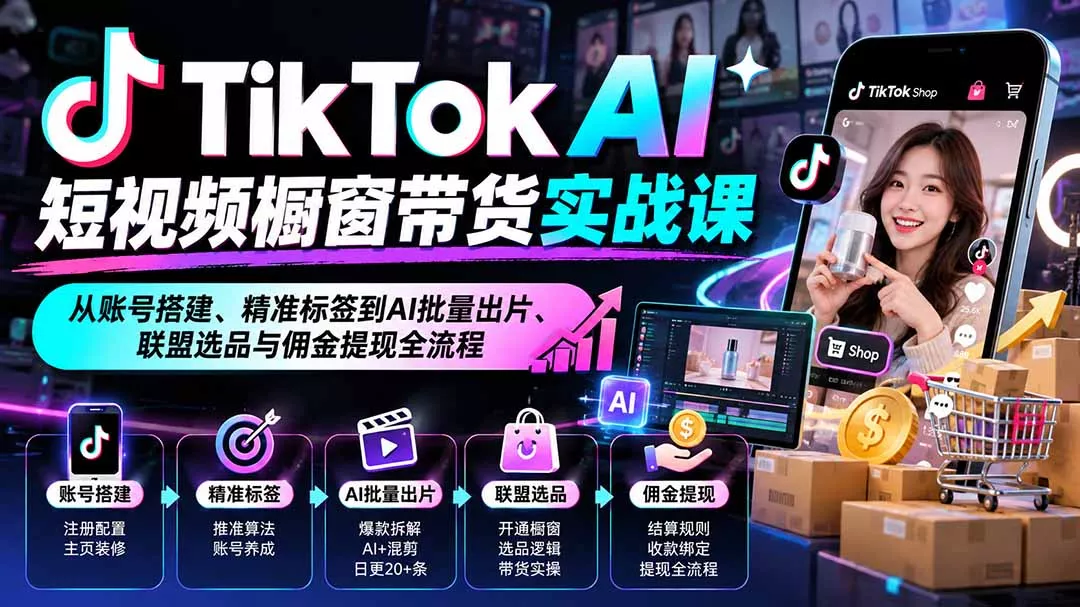 TikTok AI短视频橱窗带货实战课：从账号搭建、精准标签到AI批量出片、联盟选品与佣金提现全流程-鱼见海资源网-免费PHP网站源码模板,插件软件网创AI智能体资源分享平台！