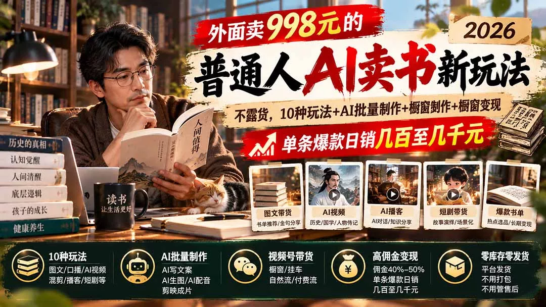 外面卖998元的2026普通人AI卖书新玩法：不露脸、不囤货，10种玩法+AI批量制作+橱窗变现，单条爆款日销几百至几千元客创社区-专注互联网轻资产资源整合与分享客创社区-专注互联网轻资产资源整合与分享