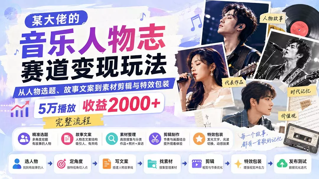 某大佬的音乐人物志赛道变现玩法：从人物选题、故事文案到素材剪辑与特效包装，5万播放收益2000+完整流程客创社区-专注互联网轻资产资源整合与分享客创社区-专注互联网轻资产资源整合与分享