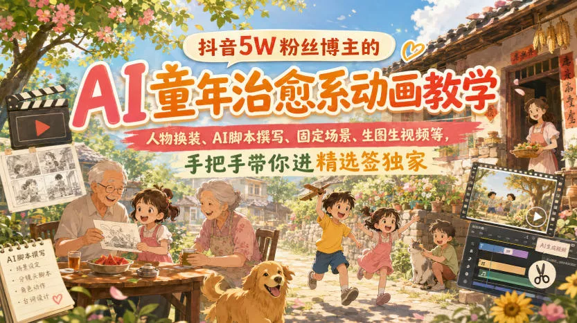 抖音5W粉丝博主的AI童年治愈系动画教学，人物换装、AI脚本撰写、固定场景、生图生视频等，手把手带你进精选签独家客创社区-专注互联网轻资产资源整合与分享客创社区-专注互联网轻资产资源整合与分享