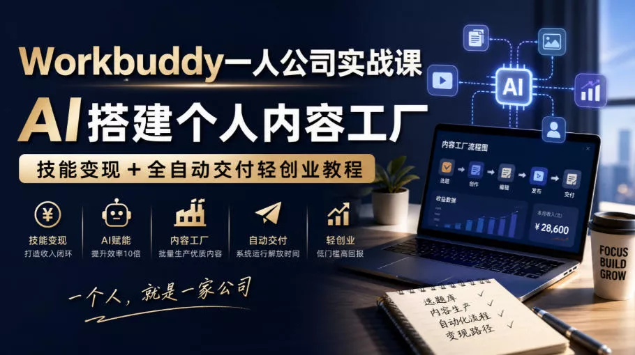 Workbuddy一人公司实战课，AI搭建个人内容工厂，技能变现+全自动交付轻创业教程 《鱼见海科技》-鱼见海资源网-免费PHP网站源码模板,插件软件网创AI智能体资源分享平台！