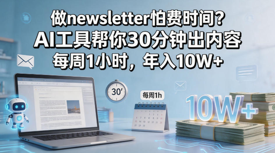 做newsletter怕费时间？AI工具帮你30分钟出内容，每周1小时，年入10W+！【原创双语字幕】客创社区-专注互联网轻资产资源整合与分享客创社区-专注互联网轻资产资源整合与分享