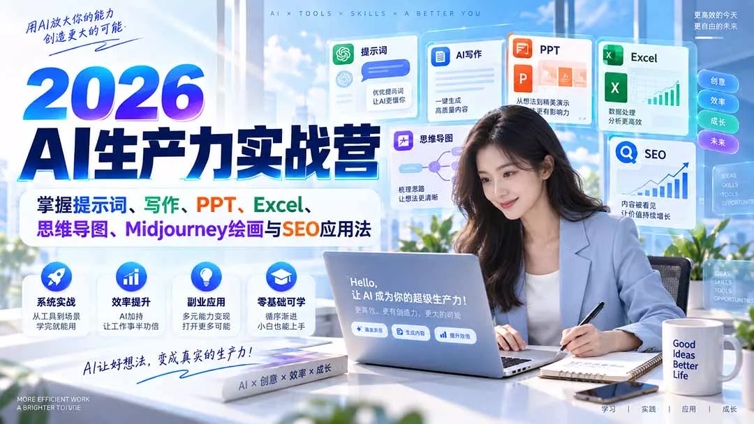 2026AI生产力实战营：掌握提示词、写作、PPT、Excel、思维导图、Midjourney绘画与SEO应用法-鱼见海资源网-免费PHP网站源码模板,插件软件网创AI智能体资源分享平台！