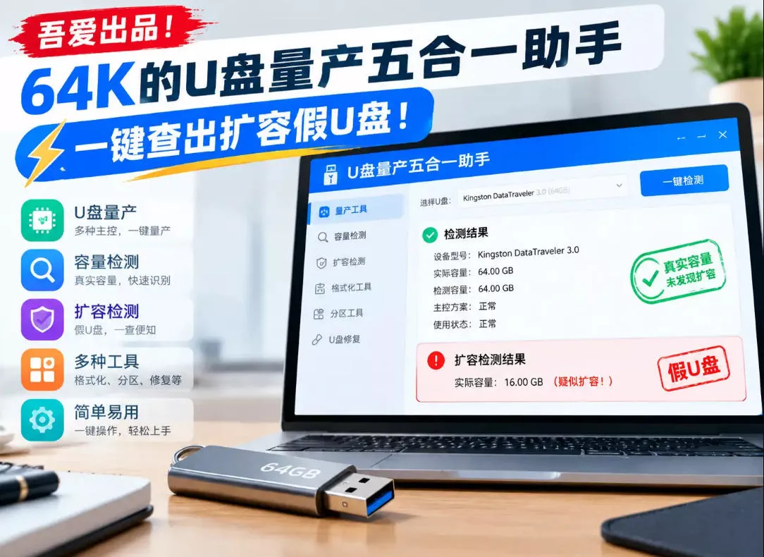 吾爱出品！64K的U盘量产五合一助手，一键查出扩容假U盘！客创社区-专注互联网轻资产资源整合与分享客创社区-专注互联网轻资产资源整合与分享
