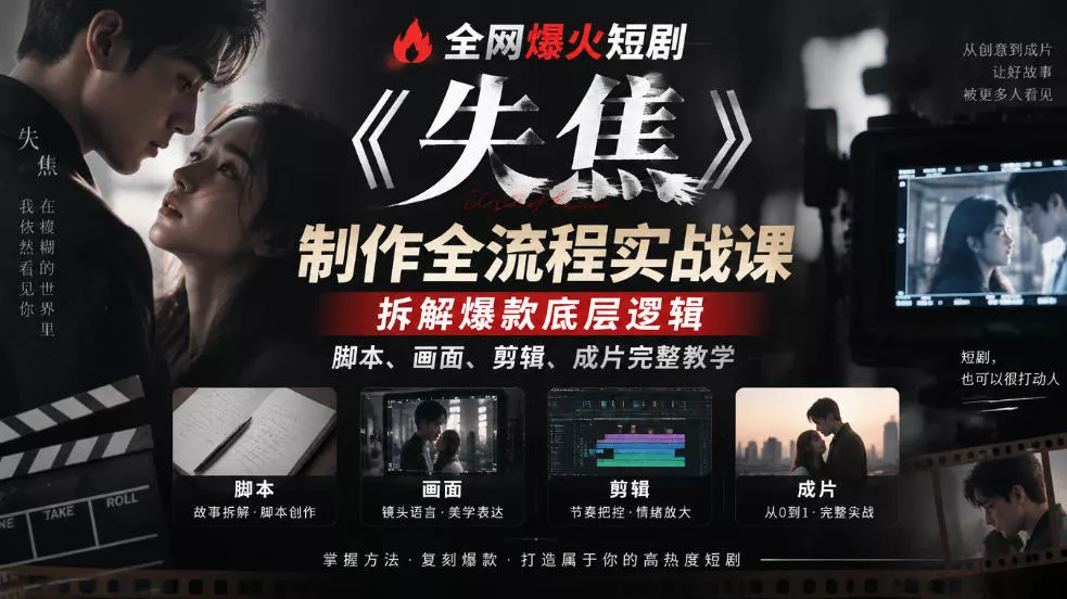 全网爆火短剧《失焦》制作全流程实战课｜拆解爆款底层逻辑，脚本、画面、剪辑、成片完整教学星享资源网HS游戏库