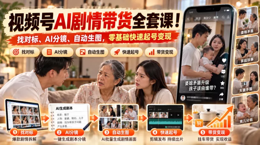 视频号AI剧情带货全套课！找对标、AI分镜、自动生图，零基础快速起号变现客创社区-专注互联网轻资产资源整合与分享客创社区-专注互联网轻资产资源整合与分享