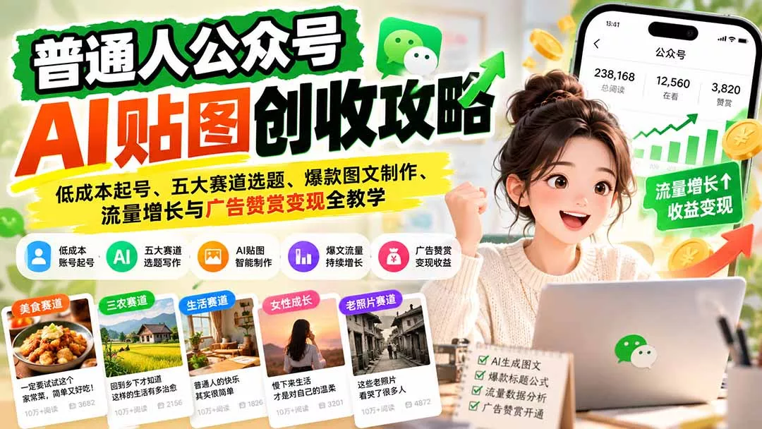普通人公众号AI贴图创收攻略：低成本起号、五大赛道选题、爆款图文制作、流量增长与广告赞赏变现全教学-鱼见海资源网-免费PHP网站源码模板,插件软件网创AI智能体资源分享平台！