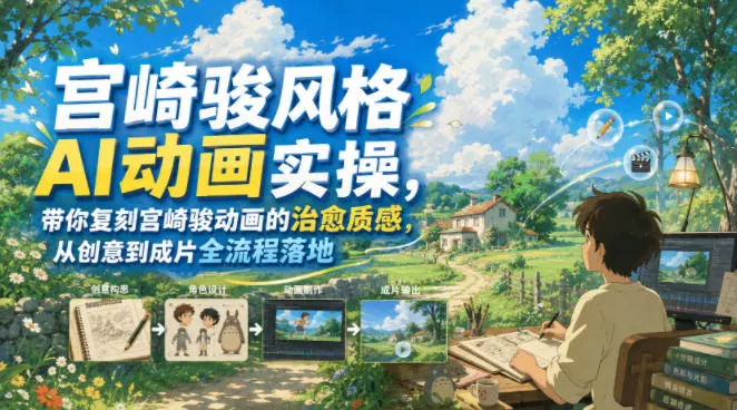 宫崎骏风格AI动画实操，带你复刻宫崎骏动画的改善质感，从创意到成片全流程落地 《鱼见海科技》-鱼见海资源网-免费PHP网站源码模板,插件软件网创AI智能体资源分享平台！