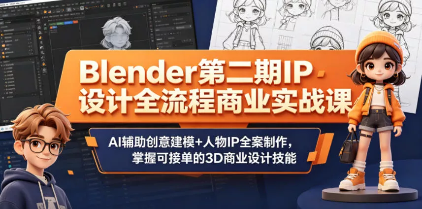 Blender第二期IP设计全流程商业实战课，AI辅助创意建模+人物IP全案制作，掌握可接单的3D商业设计技能 《鱼见海科技》-鱼见海资源网-免费PHP网站源码模板,插件软件网创AI智能体资源分享平台！