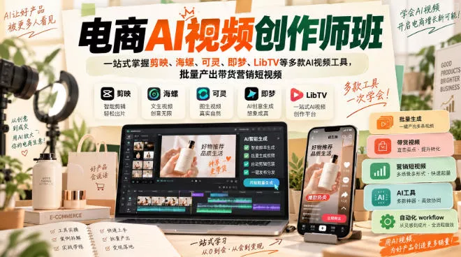 电商AI视频创作师班，一站式掌握剪映、海螺、可灵、即梦、LibTV等多款AI视频工具，批量产出带货营销短视频星享资源网星享资源网