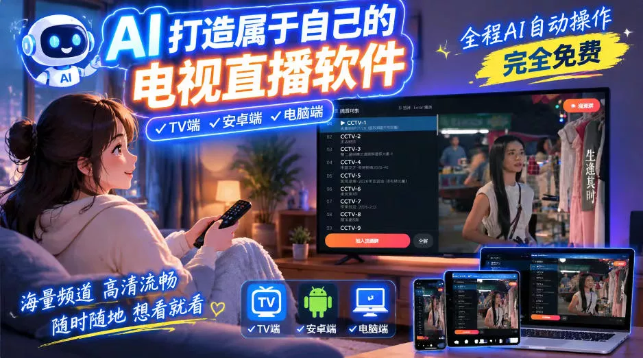 一个提示词，AI全自动做出电视直播软件，电脑、安卓、电视三端通用，完全免费，画质流畅不卡顿星享资源网HS游戏库