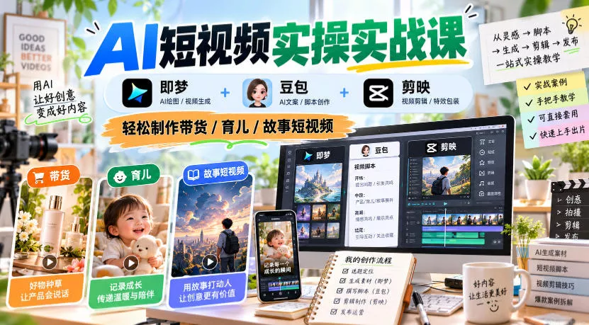AI短视频实操实战课，即梦+豆包+剪映，轻松制作带货/育儿/故事短视频客创社区-专注互联网轻资产资源整合与分享客创社区-专注互联网轻资产资源整合与分享