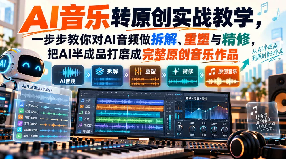 AI音乐转原创实战教学，一步步教你对AI音频做拆解、重塑与精修，把AI半成品打磨成完整原创音乐作品 《鱼见海科技》-鱼见海资源网-免费PHP网站源码模板,插件软件网创AI智能体资源分享平台！