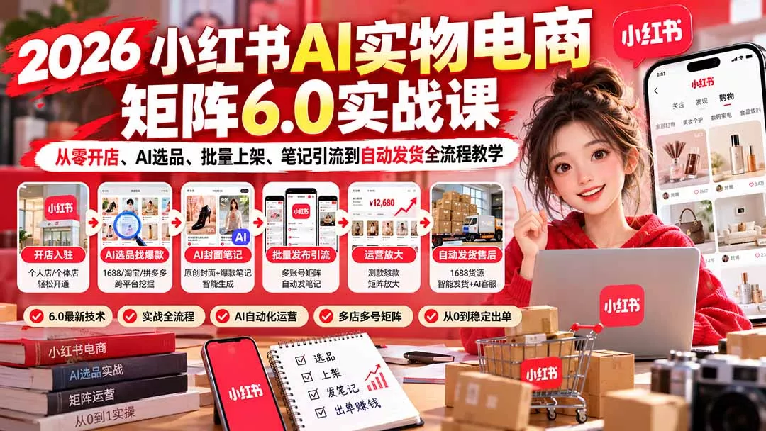 2026小红书AI实物电商矩阵6.0实战课：从零开店、AI选品、批量上架、笔记引流到自动发货全流程教学 《鱼见海科技》-鱼见海资源网-免费PHP网站源码模板,插件软件网创AI智能体资源分享平台！