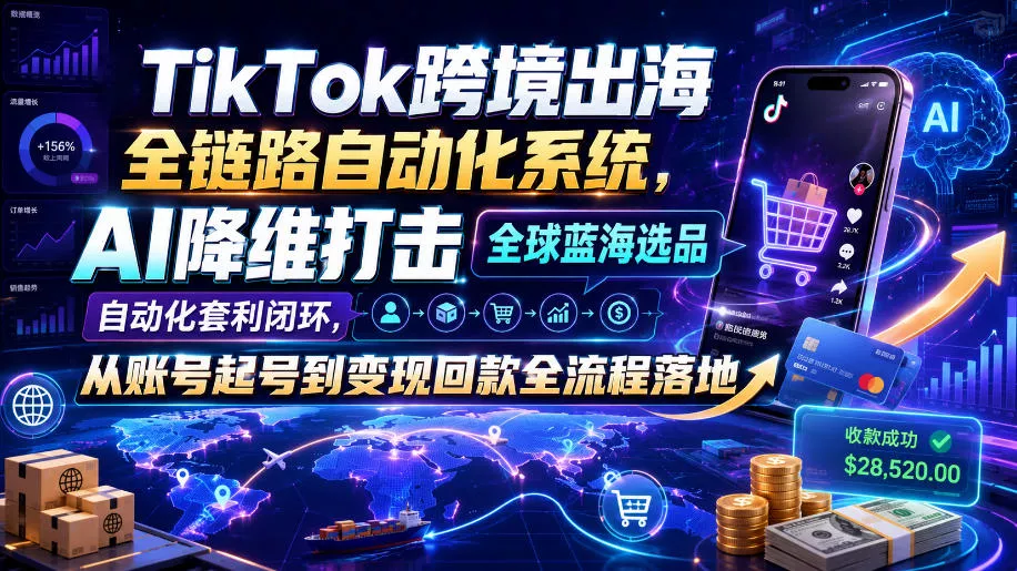 TikTok跨境出海全链路自动化系统，AI降维打击全球蓝海选品自动化套利闭环，从账号起号到变现回款全流程落地(2026年7月) 《鱼见海科技》-鱼见海资源网-免费PHP网站源码模板,插件软件网创AI智能体资源分享平台！