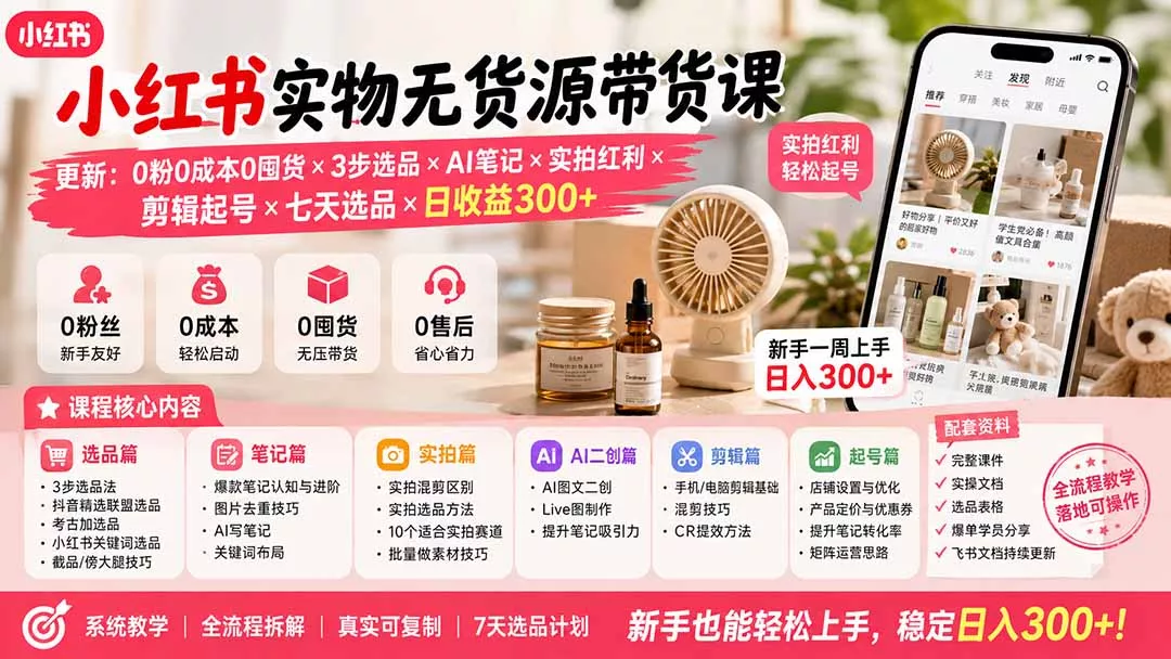 小红书实物无货源带货课-更新：0粉0成本0囤货×3步选品×AI笔