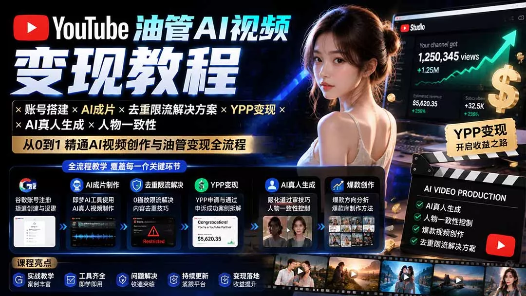 YouTube油管AI视频变现教程-更新：账号搭建×AI成片×去