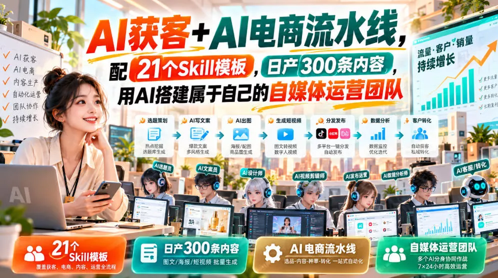 AI获客+AI电商流水线，配21个Skill模板，日产300条内容，用AI搭建属于自己的自媒体运营团队 《鱼见海科技》-鱼见海资源网-免费PHP网站源码模板,插件软件网创AI智能体资源分享平台！