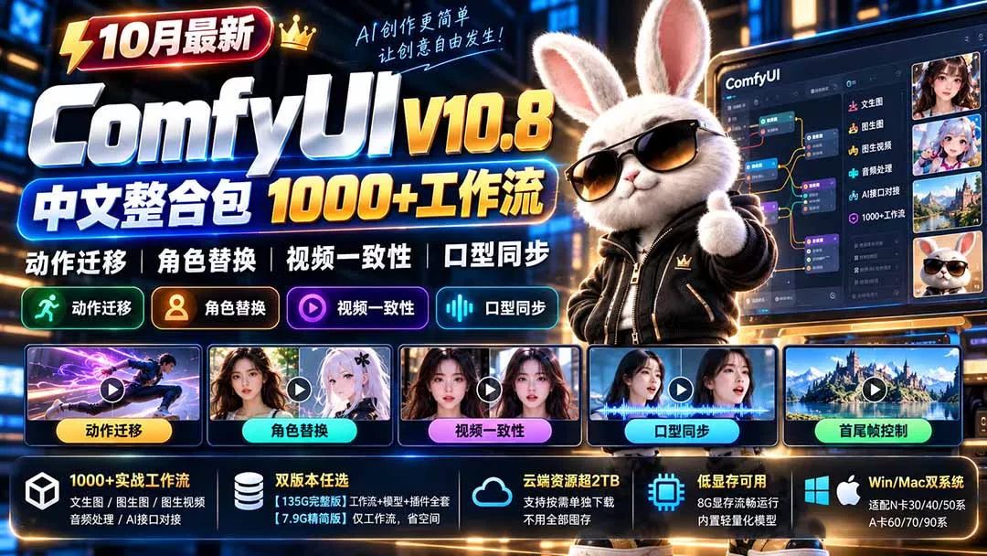 10月最新ComfyUI V10.8中文整合包 1000+工作流 动作迁移 角色替换 视频一致性 口型同步 低显存可用客创社区-专注互联网轻资产资源整合与分享客创社区-专注互联网轻资产资源整合与分享