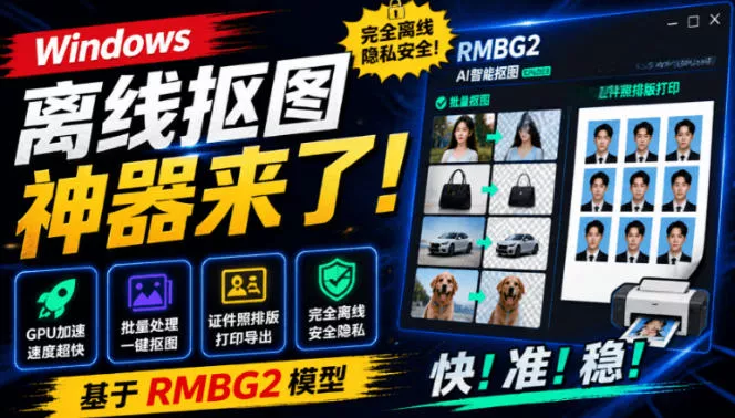Windows离线抠图神器来了！支持批量抠图+证件照排版打印，基于RMBG2模型，GPU加速方块AI抠图 《鱼见海科技》-鱼见海资源网-免费PHP网站源码模板,插件软件网创AI智能体资源分享平台！