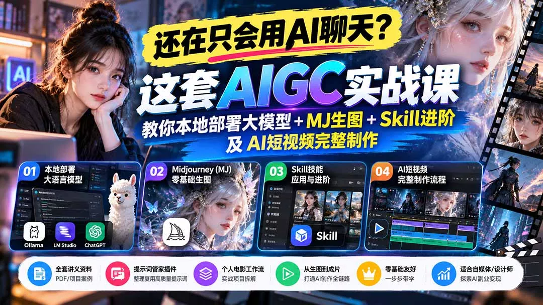 【无水印】还在只会用AI聊天?这套AIGC实战课教你本地部署大模型+MJ生图+Skill进阶及AI短视频完整制作客创社区-专注互联网轻资产资源整合与分享客创社区-专注互联网轻资产资源整合与分享
