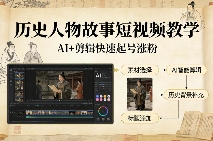历史人物故事短视频教学，AI+剪辑制作历史人物题材短视频，快速起号涨粉-云动网创-专注网络创业项目推广与实战，致力于打造一个高质量的网络创业搞钱圈子。