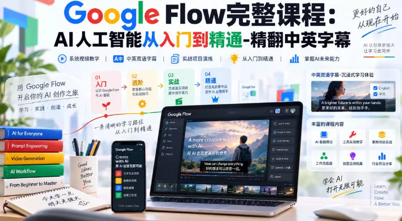 【无水印】Google Flow完整课程：AI人工智能从入门到精通-精翻中英字幕 《鱼见海科技》-鱼见海资源网-免费PHP网站源码模板,插件软件网创AI智能体资源分享平台！