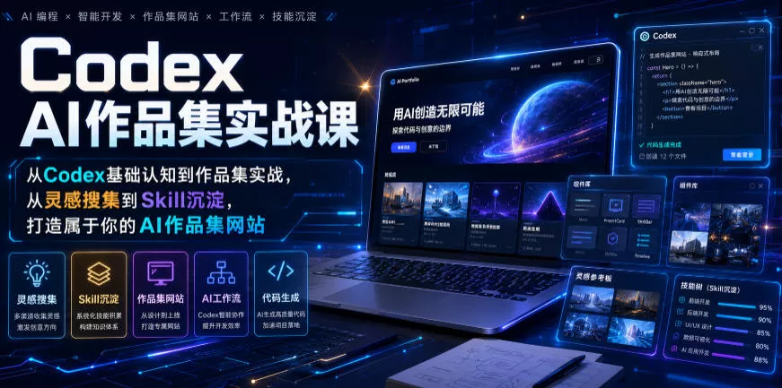 Codex AI作品集实战课，从Codex基础认知到作品集实战，从灵感搜集到Skill沉淀，打造属于你的AI作品集网站 《鱼见海科技》-鱼见海资源网-免费PHP网站源码模板,插件软件网创AI智能体资源分享平台！