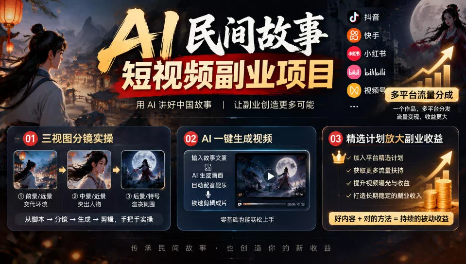 AI民间故事短视频副业项目，多平台流量分成，三视图分镜实操，精选计划放大副业收益 《鱼见海科技》-鱼见海资源网-免费PHP网站源码模板,插件软件网创AI智能体资源分享平台！