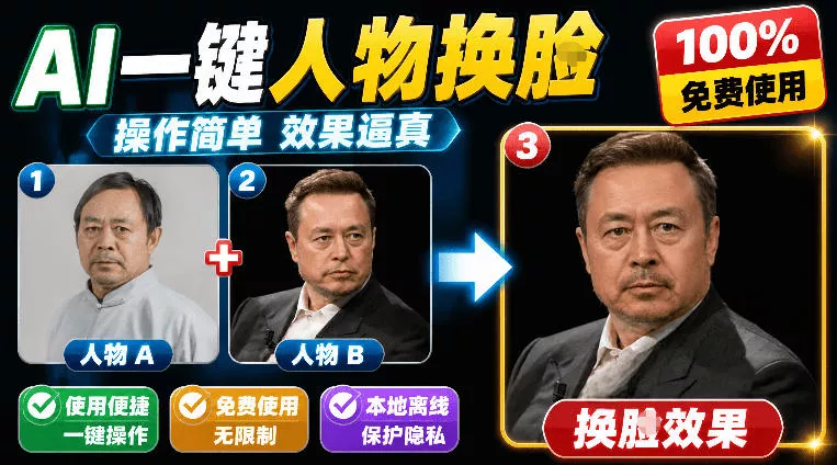纯离线本地运行！AI一键人物lian部替换软件，支持图片换lian，效果逼真，最便捷换lian工具FaceSwap客创社区-专注互联网轻资产资源整合与分享客创社区-专注互联网轻资产资源整合与分享