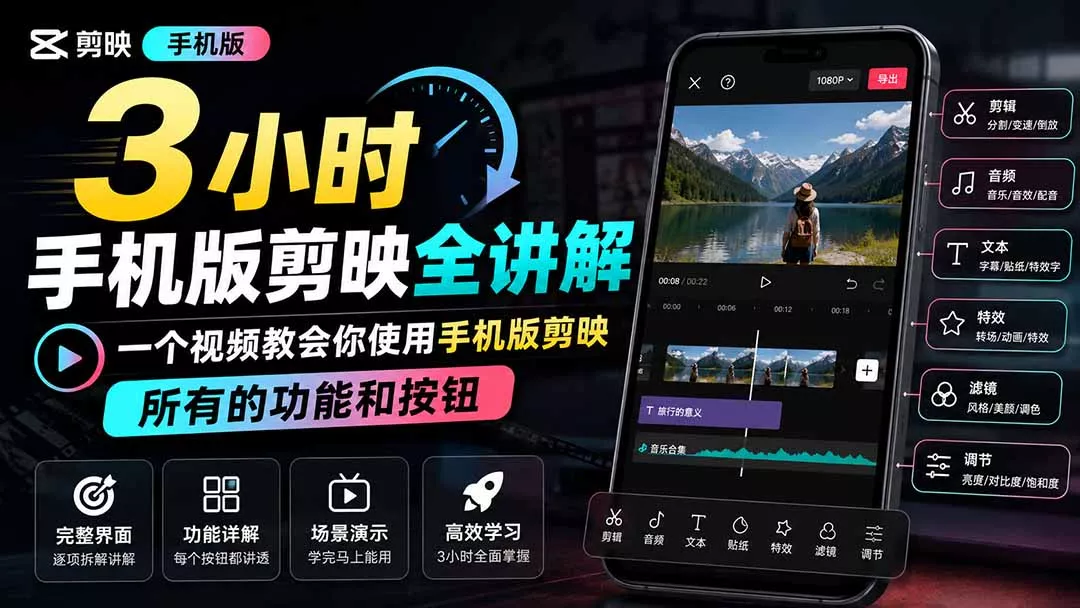 3小时手机版剪映全讲解，一个视频教会你使用手机版剪映，所有的功能和按钮-鱼见海资源网-免费PHP网站源码模板,插件软件网创AI智能体资源分享平台！