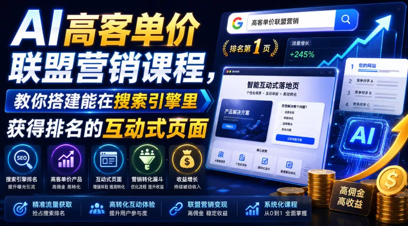 AI高客单价联盟营销课程，教你搭建能在搜索引擎里获得排名的互动式页面，引来流量，把访客转化为高佣金的成交【原创双语字幕】主用 -、辅助 +中赚AI网