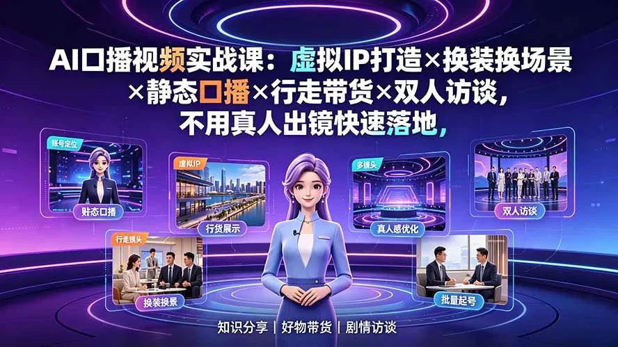 AI口播视频实战课：虚拟IP打造×换装换场景×静态口播×行走带货×双人访谈，不用真人出镜快速落地 《鱼见海科技》-鱼见海资源网-免费PHP网站源码模板,插件软件网创AI智能体资源分享平台！