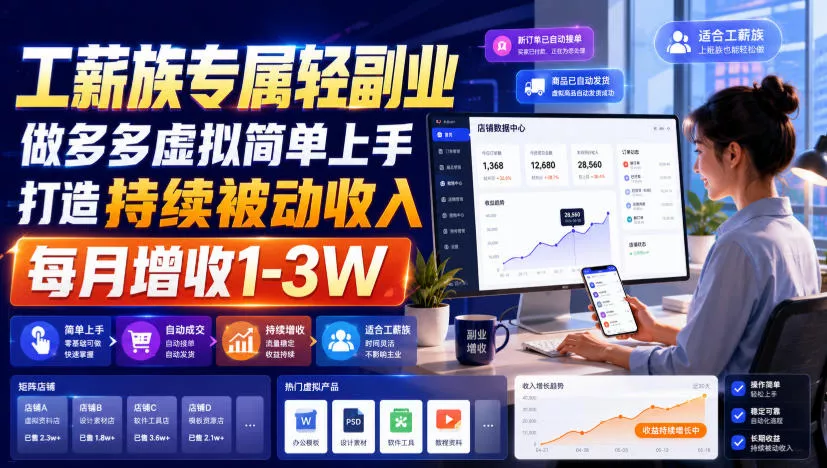 工薪族专属轻副业，做多多虚拟简单上手打造持续被动收入，每月增收1-3W【揭秘】 《鱼见海科技》-鱼见海资源网-免费PHP网站源码模板,插件软件网创AI智能体资源分享平台！