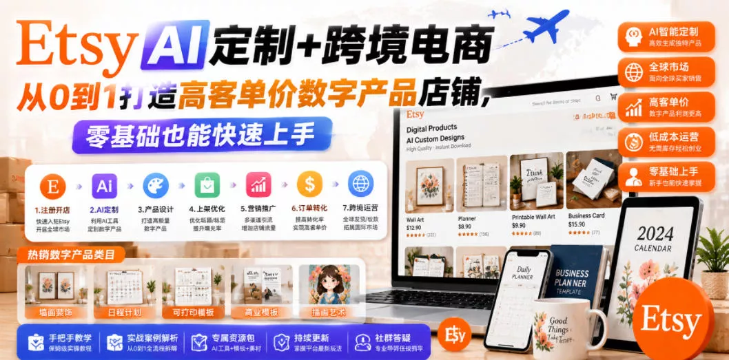 Etsy AI定制+跨境电商，从0到1打造高客单价数字产品店铺，零基础也能快速上手客创社区-专注互联网轻资产资源整合与分享客创社区-专注互联网轻资产资源整合与分享