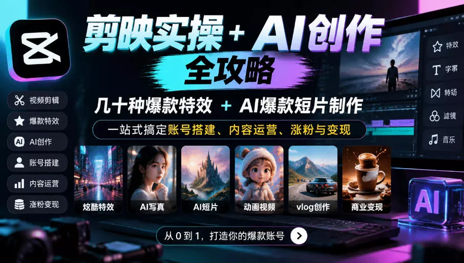 剪映实操+AI创作全攻略｜几十种爆款特效+AI爆款短片制作，一站式搞定账号搭建、内容运营、涨粉与变现客创社区-专注互联网轻资产资源整合与分享客创社区-专注互联网轻资产资源整合与分享