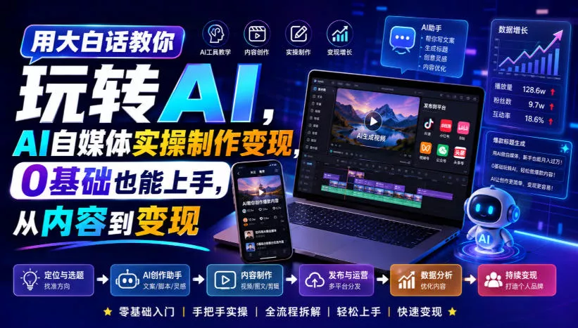 用大白话教你玩转AI，AI自媒体实操制作变现，0基础也能上手，从内容到变现 《鱼见海科技》-鱼见海资源网-免费PHP网站源码模板,插件软件网创AI智能体资源分享平台！